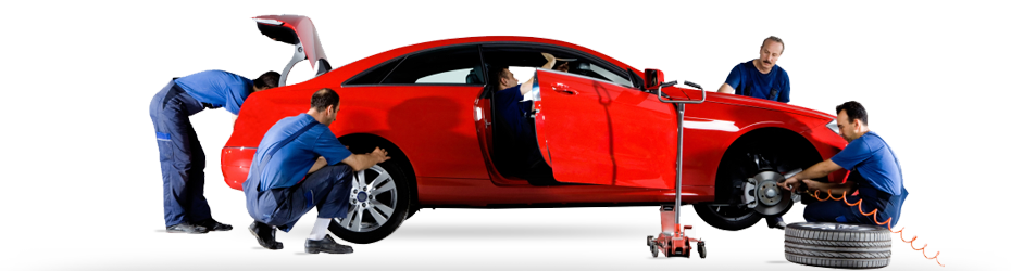 macchina rossa, senza ruota anteriore destra sollevata da cricchetto, 5 uomini vestiti di blu che riparano la macchina. 